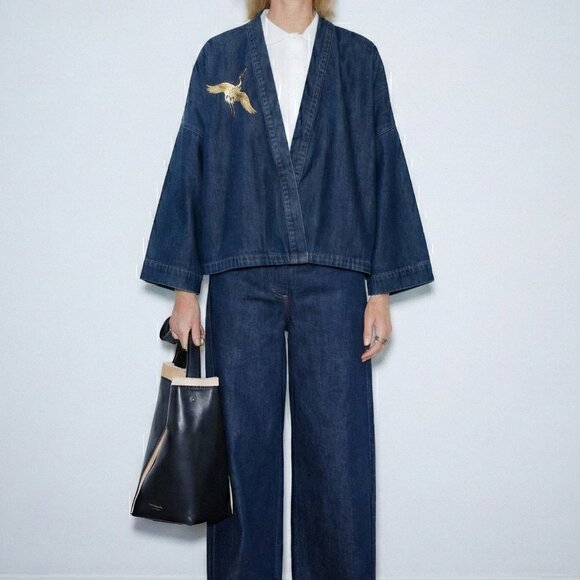 Denim Kimono Jacket with Embroidered Crane - Picture 4 of 4